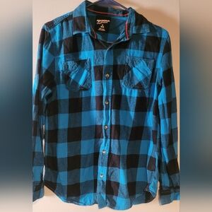 Arizona Jean Company Blue and Black Plaid Button Down Shirt